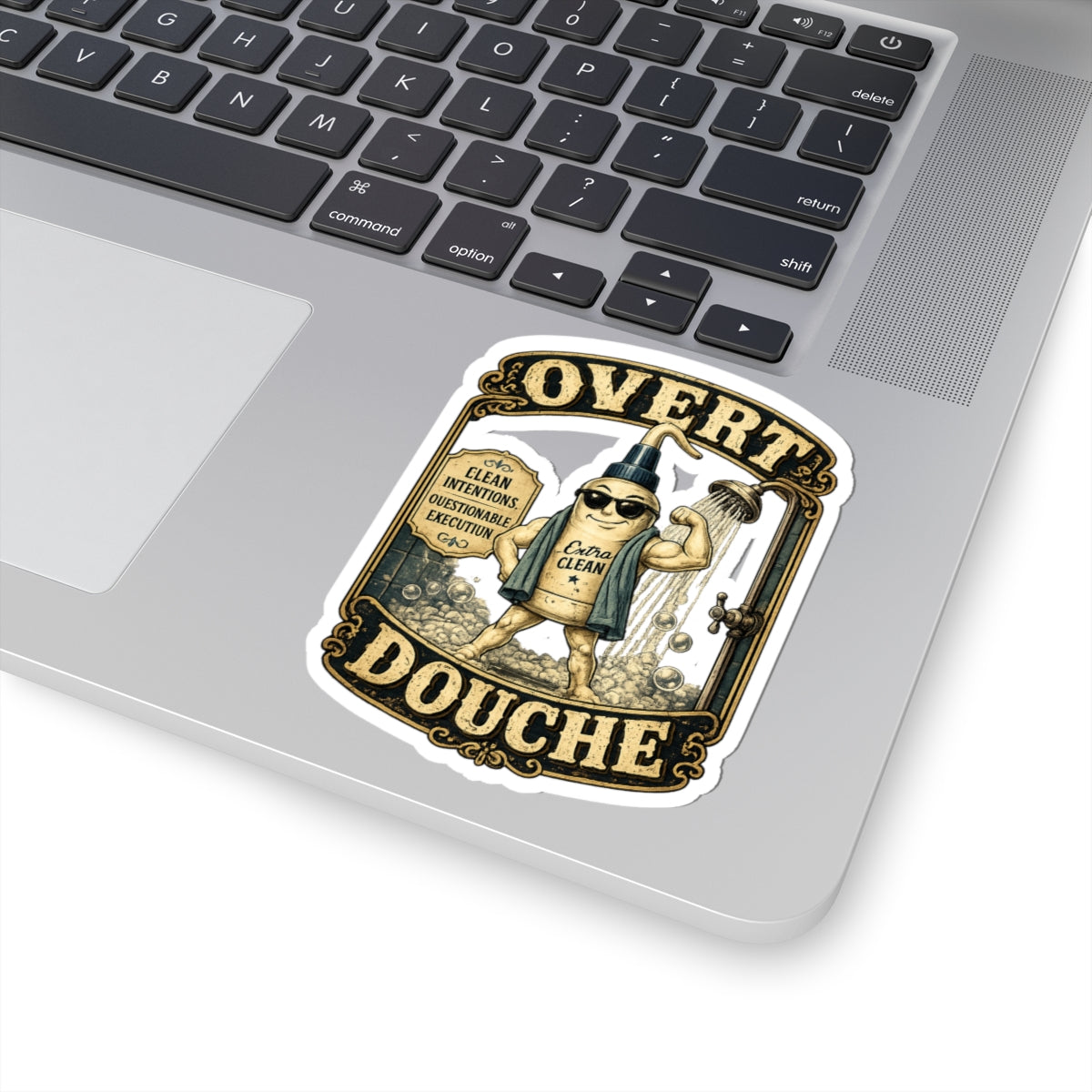 Kiss-Cut Sticker — “Overt Douche” Vintage Shower Gel Character Sticker (Funny Bathroom Humor)