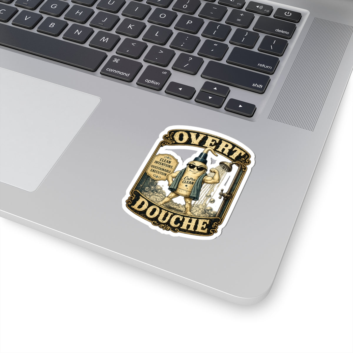 Kiss-Cut Sticker — “Overt Douche” Vintage Shower Gel Character Sticker (Funny Bathroom Humor)