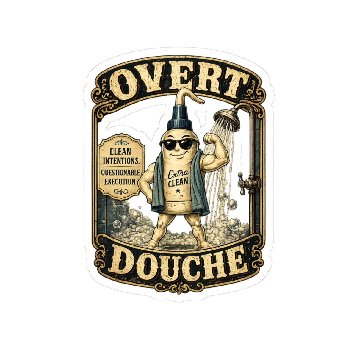 Kiss-Cut Sticker — “Overt Douche” Vintage Shower Gel Character Sticker (Funny Bathroom Humor)